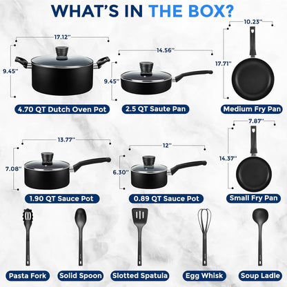 Kitchenware Pots & Pans Basic Kitchen Cookware, Black Non-Stick Coating Inside, Heat Resistant Lacquer (15-Piece Set), One Size3
