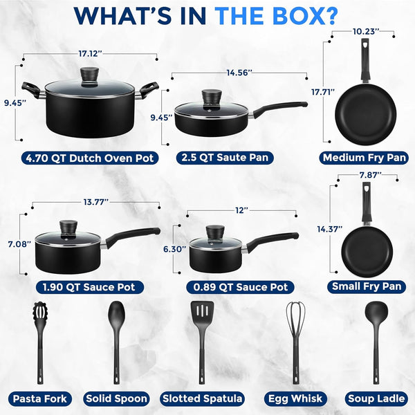 Kitchenware Pots & Pans Basic Kitchen Cookware, Black Non-Stick Coating Inside, Heat Resistant Lacquer (15-Piece Set), One Size3