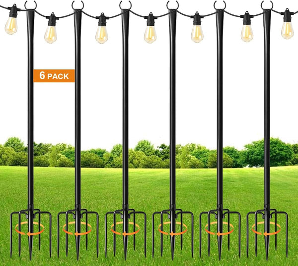 6 Pack 9FT String Light Poles for Outdoor,Metal Lights Hanging Pole outside with Fork,Light Stand for Patio, Pergola, Garden, Backyard, Yard, Camping Party1