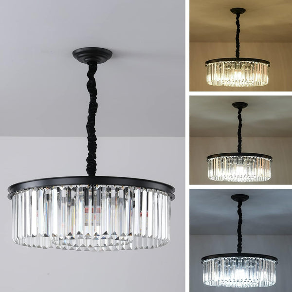 Black Modern Crystal Chandelier, 2-Tier round Flush Mount Ceiling Light Fixtures Height Adjustable Pendant Lighting for Dining Room Living Room Bedroom Kitchen Hotel Foyer3