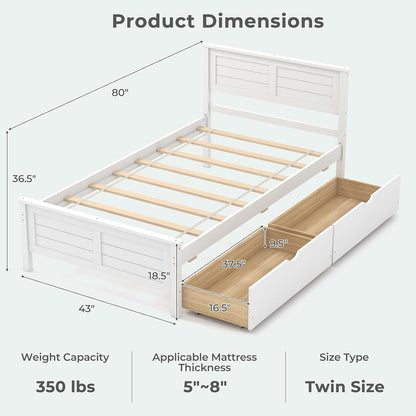 Wood Twin Bed with 2 Storage Drawers, Solid Wood Platform Bed with Headboard, Wooden Slats Support Mattress Foundation, No Spring Needed, Twin Bed Frame for Kids, Teens, Adults, White2