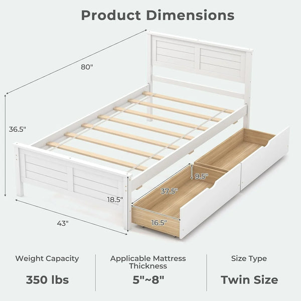 Wood Twin Bed with 2 Storage Drawers, Solid Wood Platform Bed with Headboard, Wooden Slats Support Mattress Foundation, No Spring Needed, Twin Bed Frame for Kids, Teens, Adults, White2