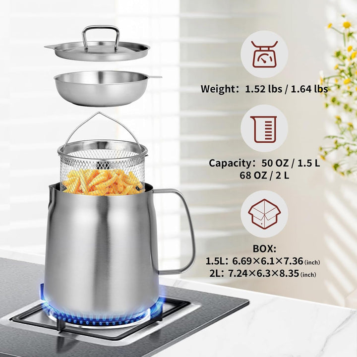 68Oz 304 Stainless Steel Deep Fryer Pot with Basket & Strainer, Large Capacity Bacon Grease Container for Kitchen,Frying, Cooking, Camping,Oil Filter Container - Dishwasher Safe (68Oz/2L/2.1Qt)+2