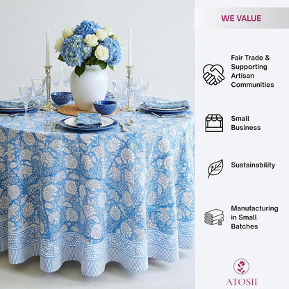 Cotton Blockprint round Tablecloth, Azora Blue, 90 Inches4