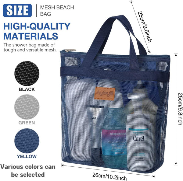 3 Pcs Portable Mesh Shower Caddy Tote, Quick Dry Tote Bag Mesh Beach Bags for Women, Hanging Toiletry and Bath Organizer for Travel Swimming Sports Gym Camp Shopping College Dorms (Black Gray D Blue)2