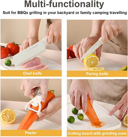 5 in 1 Mini Knife and Cutting Board Set, Small Cutting Board Camping Cutting Board Cutting Board Scissors, Smart Cutting Board and Knife Set, Dorm Kitchen Essentials Travel Knife Set (Wheaten)4