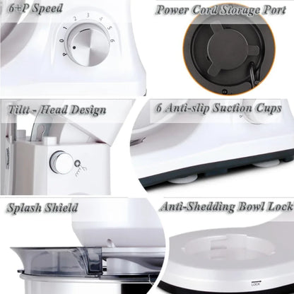 Stand Mixer 5-QT, 6+P Speed Tilt-Head Food Mixer 300W Dough Mixer with Stainless Steel Bowl,Dough Hook,Flat Beater&Whisk Electric Kitchen Mixer for Household Baking, Anti-Slip(Pearl White)5