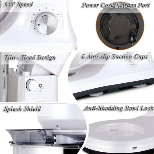 Stand Mixer 5-QT, 6+P Speed Tilt-Head Food Mixer 300W Dough Mixer with Stainless Steel Bowl,Dough Hook,Flat Beater&Whisk Electric Kitchen Mixer for Household Baking, Anti-Slip(Pearl White)5