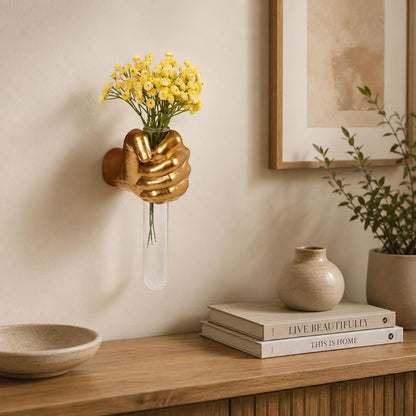 Gold Wall Sculptures, Hand Vases Home Decor, Wall Mount Art Sculpture, Unique Wall Art Statue, Funky Flower Vase Decorations, Modern Eclectic Hanging Decor,Glass Test Tube Vase7