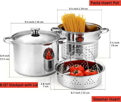 8 Quart Stainless Steel Pasta Pot with Strainer Lid 3-In-1 Pots | Steamer Basket, Pasta Strainer, Stock Pot with Lid - Pasta Cooker Induction Compatible, Dishwasher & Oven Safe3
