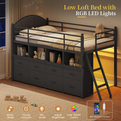 Low Loft Bed Twin Size with 8 Drawers, 4 Bookcase & LED Lights,Black4