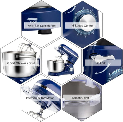 Stand Mixer,6.5-Qt 660W 6-Speed Tilt-Head Food Mixer, Kitchen Electric Mixer with Dough Hook, Wire Whip & Beater (Royal Blue, 6.5QT)3