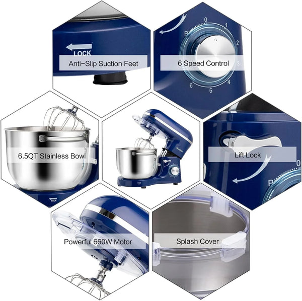 Stand Mixer,6.5-Qt 660W 6-Speed Tilt-Head Food Mixer, Kitchen Electric Mixer with Dough Hook, Wire Whip & Beater (Royal Blue, 6.5QT)3
