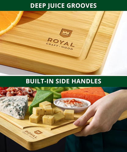 Wooden Cutting Boards for Kitchen Meal Prep & Serving - Bamboo Wood Serving Board Set with Deep Juice Groove Side Handles - Charcuterie & Chopping Butcher Block for Meat4