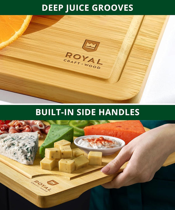 Wooden Cutting Boards for Kitchen Meal Prep & Serving - Bamboo Wood Serving Board Set with Deep Juice Groove Side Handles - Charcuterie & Chopping Butcher Block for Meat4