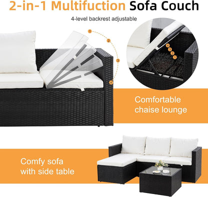 4 Pieces Patio Furniture Set, 2-In-1 Convertible Sectional Sofa & Chaise Lounge, All-Weather Wicker Rattan Sofa Couch with Cushions & Coffee Table for Yard, Garden, Porch, Poolside (Beige)4