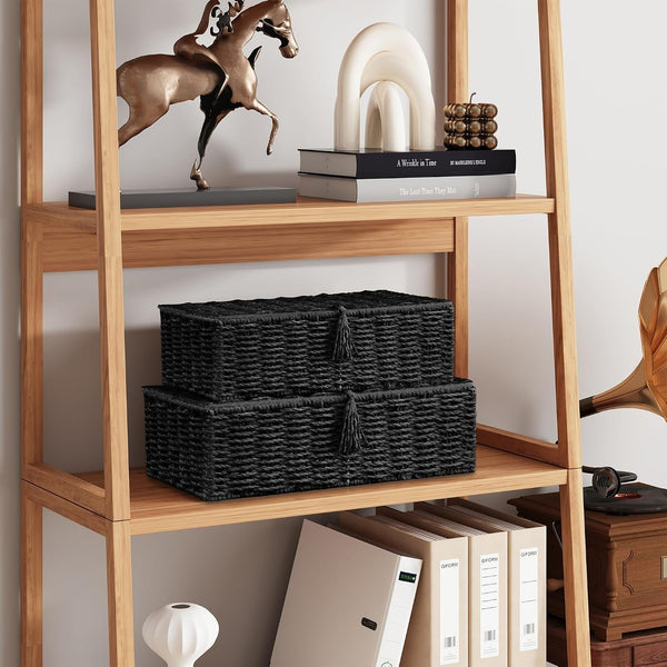Wicker Shelf Baskets with Lid, Set of 2 Handwoven Wicker Storage Baskets for Shelves, Rectangular Storage Bins with Lids, Decorative Storage Boxes, Small Wicker Baskets for Organizing, Black4