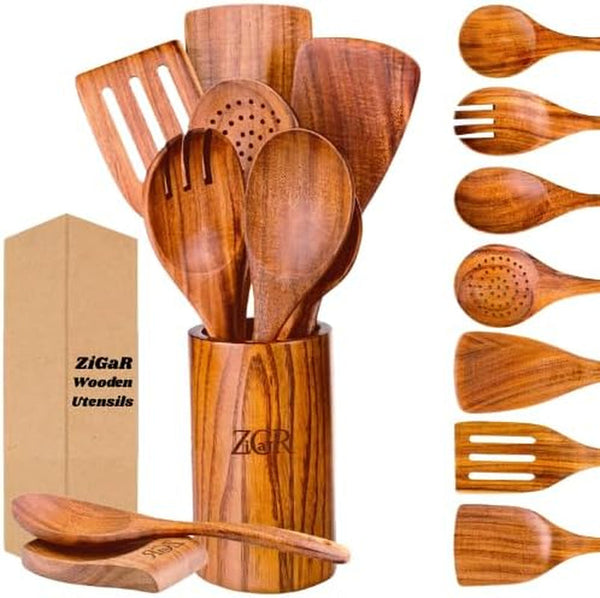 Wooden Spoons for Cooking - 9 Pieces Natural Teak Wood Kitchen Utensils Set with Utensil Holder & Spoon Rest - Durable Heat Resistant, Safe, Smooth Curved Grip - Non-Scratch & Non-Stick Spatula1