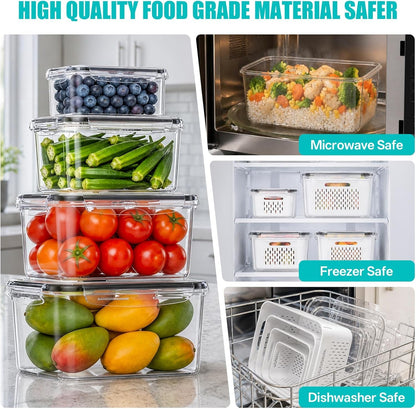 4 Pack Fruit Storage Containers for Fridge Set, Produce Containers for Fridge with Strainer, Plastic Reusable Fridge Organizers and Storage for Berry Salad Lettuce, Size 3.4, 1.8, 0.9, 0.4QT6