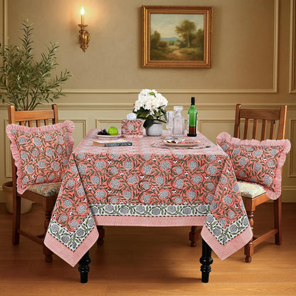 Dark Salmon Pink Hand Block Print Cotton Rectangle Tablecloth 60" X 60" Inches Reusable Table Cover Decorative Everyday Use for Dining Room, Farmhouse, Home Gift for Spring, Mother'S Day2