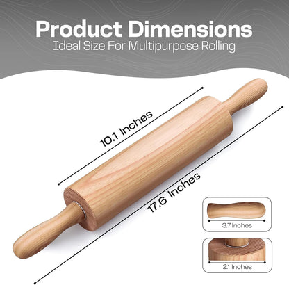 Wooden Rolling Pin, Beech Wood, 17.6" Dough Roller for Baking | Ergonomic Handles, Nylon Bearings, Baking Pizza, Bread & Cookies, Pasta, Dough Roller2