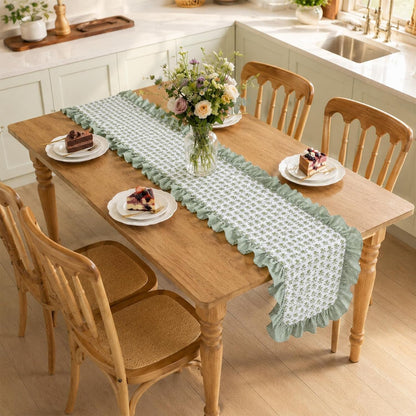 14 X 72 Inch Sage Green Floral Ruffle Table Runner Farmhouse5