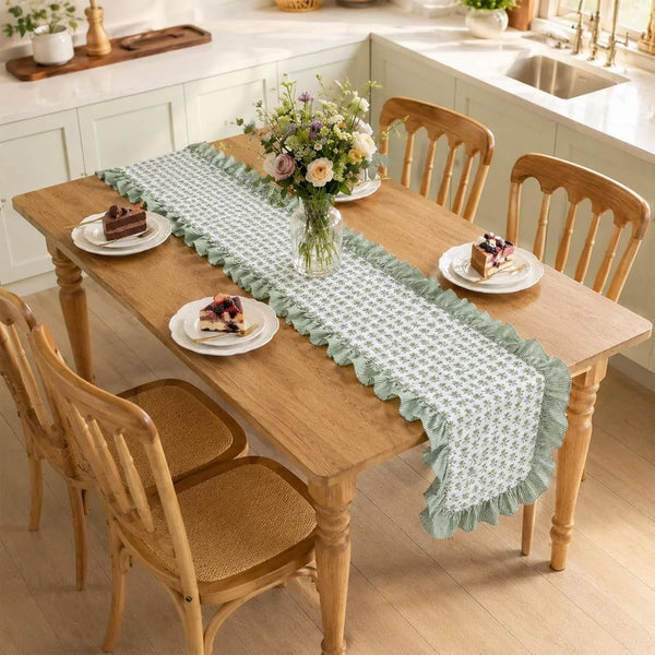 14 X 72 Inch Sage Green Floral Ruffle Table Runner Farmhouse5
