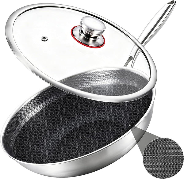 12 Inch Hybrid Nonstick Wok with Lid | Ceramic Coating | Honeycomb Stainless Steel Wok Pan | Oven & Dishwasher Safe | Flat Bottom Wok for Electric & Induction Cooktop | Long Handle1