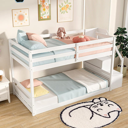 Twin over Twin Bunk Bed with Stairs, Solid Wood Floor Bunk Bed with Storage Staircase & Full-Length Guardrails, Low Bunk Bed with for Kids, Teens, Adults, Dorm, Small Space, White7