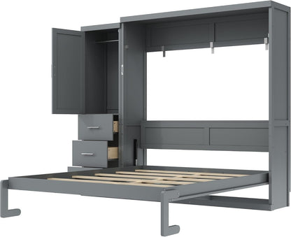 Queen Murphy Bed with Storage Drawers and Wardrobe,Solid Wood Farmhouse Horizontal Murphy Wall Bed Cabinet with Drawers for Bedroom Office Guest Room, Foldable (Queen,Gray)7