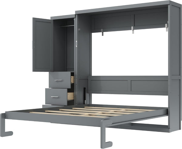 Queen Murphy Bed with Storage Drawers and Wardrobe,Solid Wood Farmhouse Horizontal Murphy Wall Bed Cabinet with Drawers for Bedroom Office Guest Room, Foldable (Queen,Gray)7