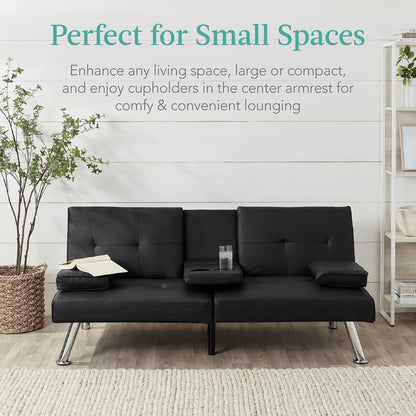 Faux Leather Upholstered Modern Convertible Futon, Adjustable Folding Sofa Bed, Guest Bed W/Removable Armrests - Black7