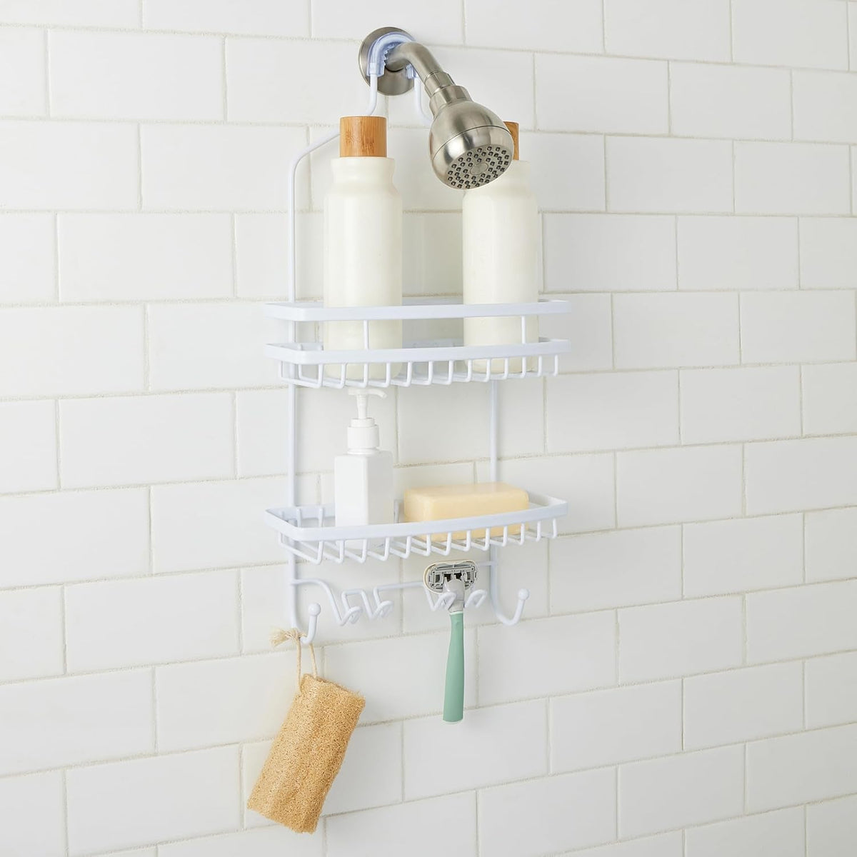 shower-head-caddy-suction-cup-backing-2-tier-shelving-6-accessory-hooks-white-23386-white