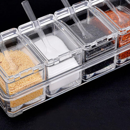 4-Cell Clear Seasoning Rack Spice Box Storage Container Condiment Jars Acrylic Seasoning Box with Cover and Spoon8