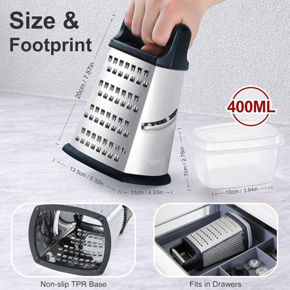 Cheese Grater, Handheld Box Grater with Container & Lid, 4-Sided Stainless Steel for Kitchen, Wavy Julienne, Slicer, Coarse Shred & Fine Zester, Non-Slip Base, Dishwasher Safe, 8 Inch2