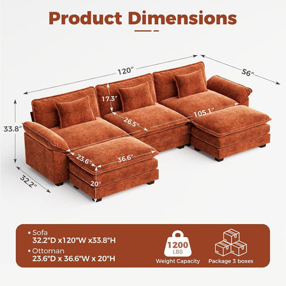 120" Oversized Modular Sectional Sofa, Comfy U-Shaped Cloud Couch W/ 2 Movable Ottoman, 5-Seater Chenille Deep Seat Modern Sofa Couch for Living Room, DIY Combination, Terracotta Orange2