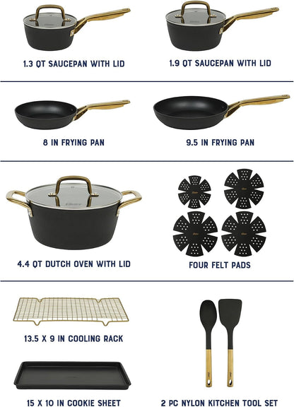 Oster Platinum Abbottsford 16 Piece Aluminum Pots and Pans PFA Free Ceramic Non Stick Induction Kitchen Cookware Set - Black W/Gold3
