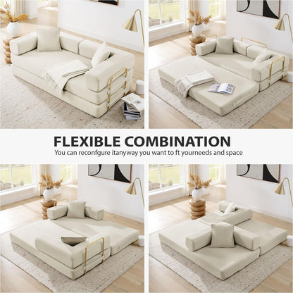 78 Inch Convertible Sleeper Sofa Bed, Folding Floor Mattress Couch with Fixed-Shape Frame, Futon Boneless Couch Lounge Loveseat with Pull Out Bed, No Assembly Required (Beige)5