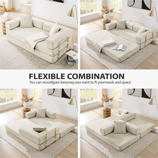 4-In-1 Folding Convertible Sofa Bed, 78 Inch Boneless Couch with Fixed-Shape Frame, Corduroy Loveseat Sleeper with Pull Out Bed, Floor Sofa Modular Futon Couch for Living Room Bedroom Lounge (Beige)3