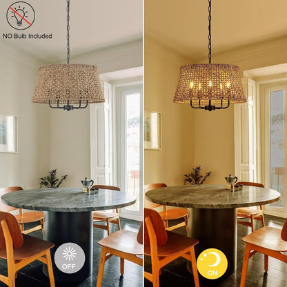 19.7" Boho Rattan Chandelier, 5-Light Black Wicker Light Fixture5