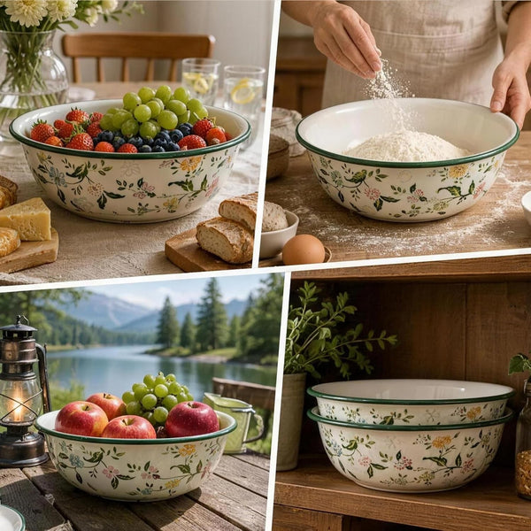2 Pack Large Enamel Mixing Bowls, 11.8 Inch Vintage Floral Mixing Bowls, Multi-Purpose Enamelware Bowl for Kitchen, Camping and Farmhouse Decor6
