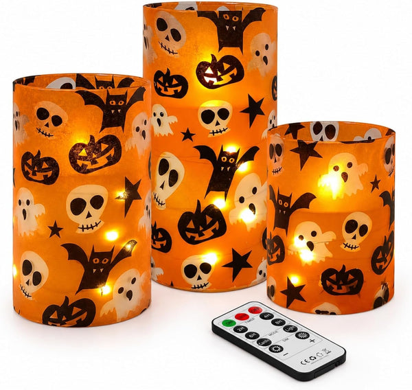 Halloween Flameless Candles with String Lights - Set of 3 Ghost Battery Operated Candle Flickering Floral LED Pillar Candles with Timer Remote for Home Decor Romantic Ambiance1