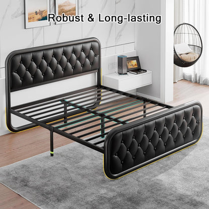 Full Size Metal Bed Frame with Button Tufted Leather Upholstered Headboard and Footboard, U-Shape Support Foundation, No Box Spring Required, Black7