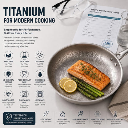 Titanium Pan, 12 Inch Hammered Titanium Pro Frying Pan with Lid, Healthy Skillet for Cooking, PFAS PFOA PTFE Free Cookware, Dishwasher & Oven Safe, Induction Ready2