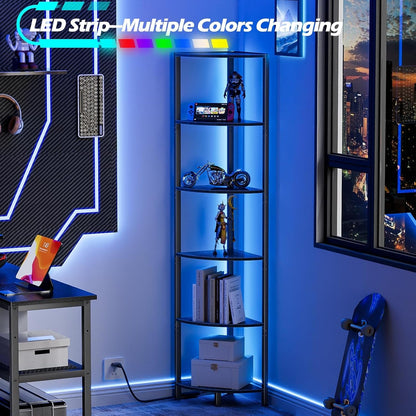 6 Tier Corner Shelf with LED Light, 67.5" Black Narrow Bookshelf | Tall Standing Shelf Organizer, Storage Rack for Wall Corner, Living Room, Bedroom, Metal Frame, Wood Display Shelf4