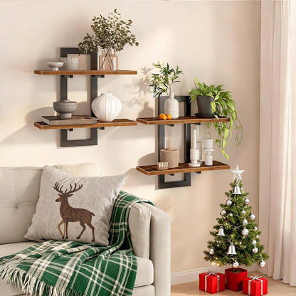 Floating Shelves for Wall, 15" Wall Shelf Set of 2, Wall Mounted Storage Shelves 2-Tier, Hanging Bathroom Shelves, for Living Room, Bedroom, Bathroom, Kitchen, Rustic Brown and Black BF32BJ01G14