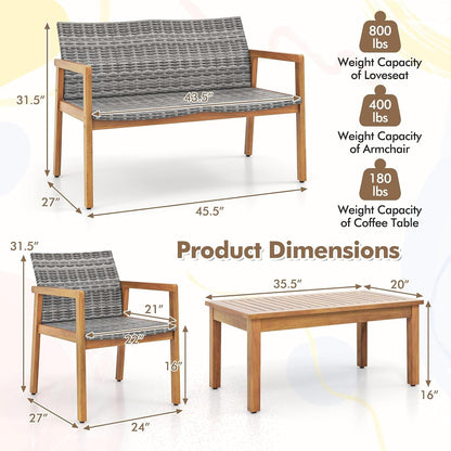 4 Pieces Outdoor Furniture Set, Acacia Wood Frame Sofa Set W/Rattan Seat & Back, Patio Conversation Set W/Coffee Table for Balcony, Poolside, Backyard (Mix Gray)7
