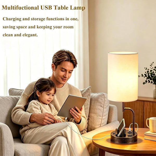 2 Pack Table Lamp, Bedside Lamp with 3 USB Charging Ports & AC Outlet, USB Desk Lamp with 2 Phone Holders, Linen Fabric Shade Nightstand Lamps for Bedroom Living Room Office, Antique Brass7