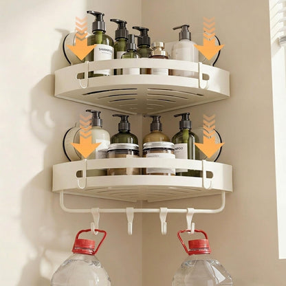 Suction Cup Shower Caddy(2-Pack Cream White),Single 1.77 Inches High No-Drilling Aluminum Bathroom Organizer with Towel Bar & Hooks,Moder Wall Shower Shelf and Storage Decor4