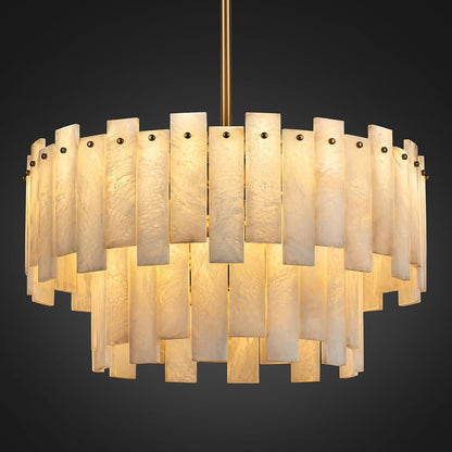 Alabaster Chandelier, 24" Spanish Alabaster round Chandeliers 2-Tier,Modern Adjustable Gold Marble Pendant Chandeliers for Dining Room, Living Room, Bedroom,Foyer,Bathroom, Included E12 Bulb1